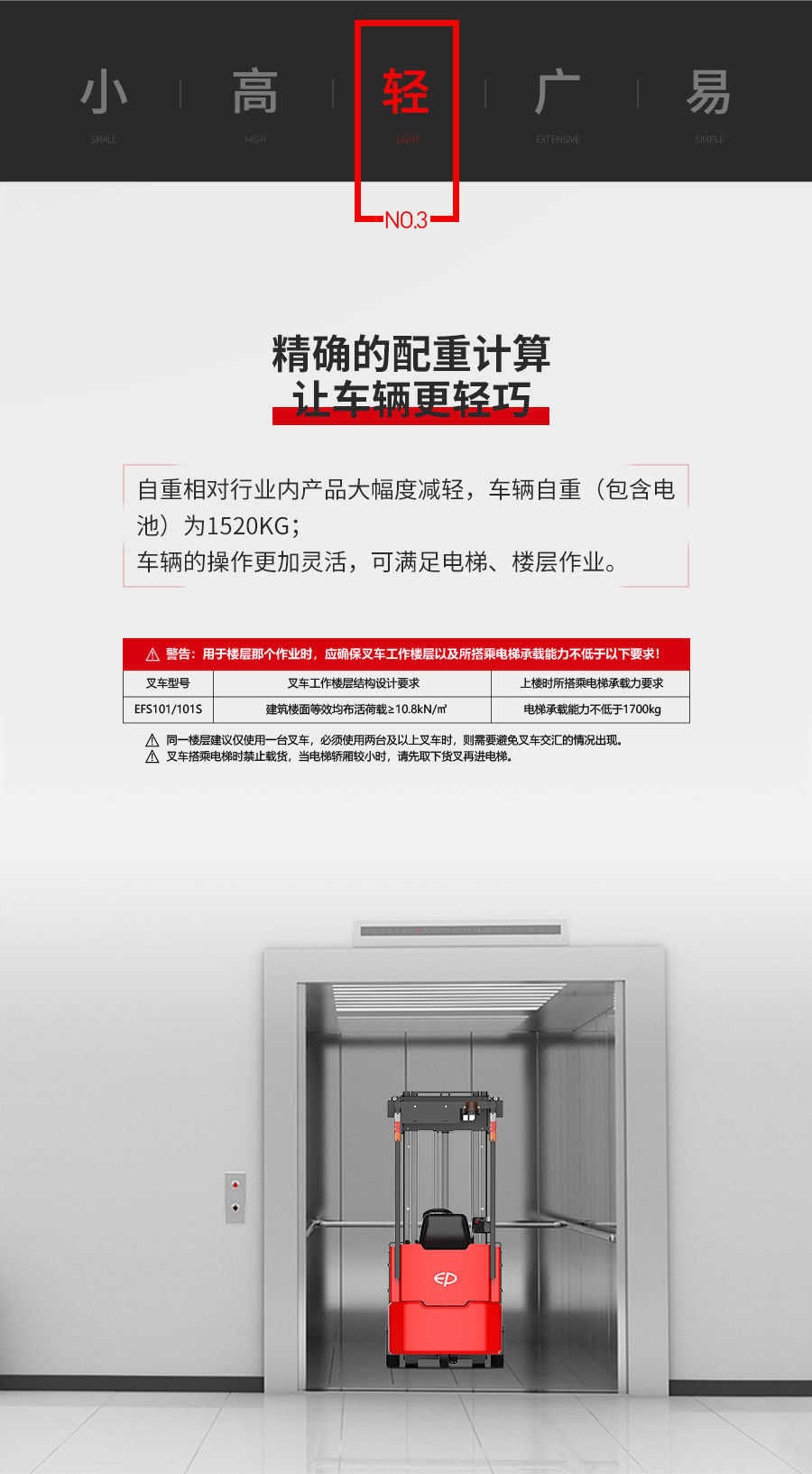 1吨中力牌三支点电动叉车EFS101
