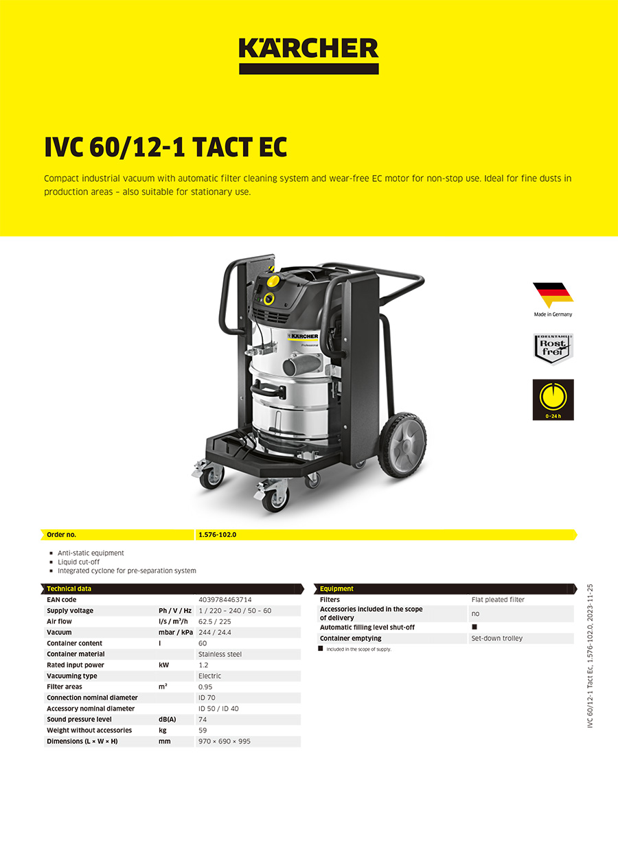 卡赫 紧凑型防爆工业吸尘器IVC 60/12-1 Tact Ec
