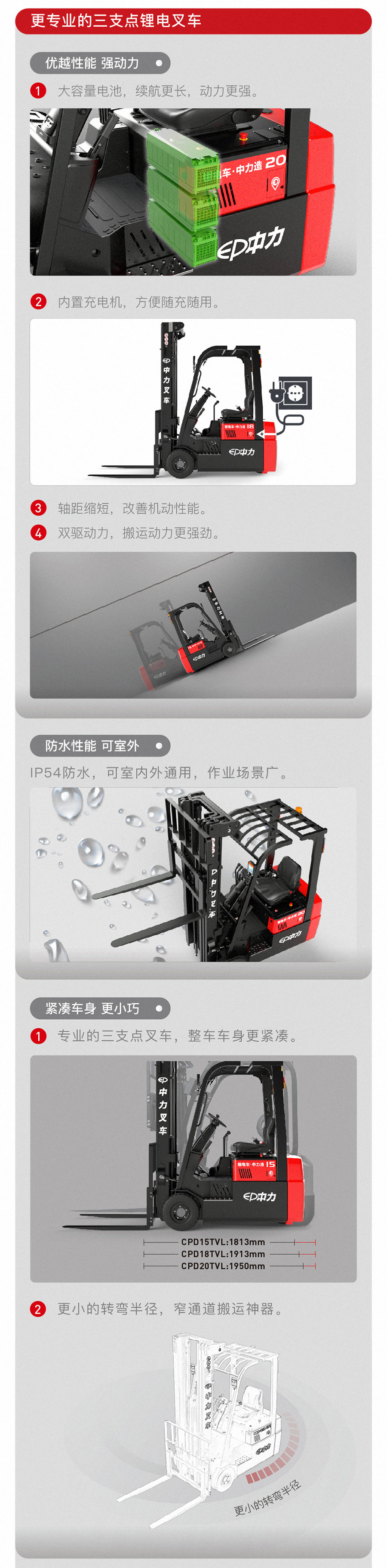 2吨中力牌锂电池三支点叉车CPD20TVL