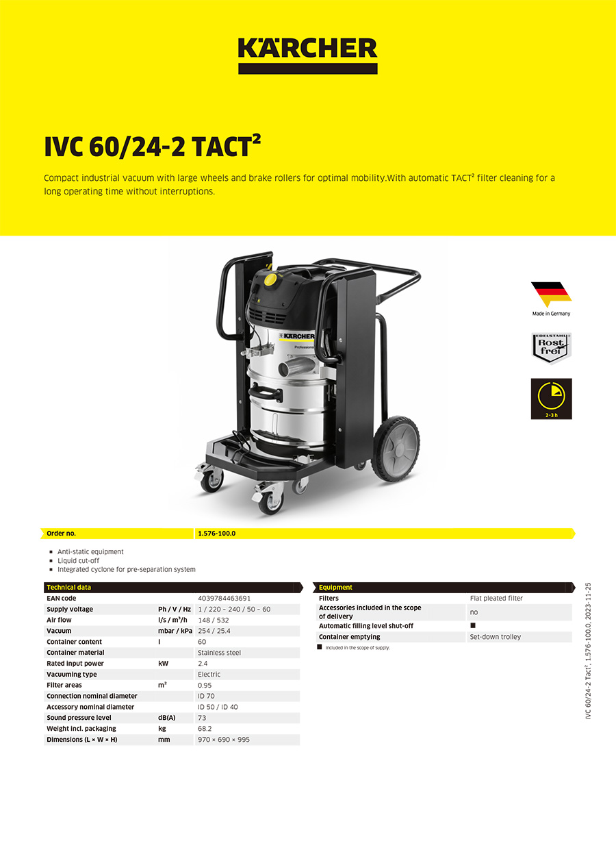 卡赫 紧凑型工业吸尘器IVC 60/24-2 Tact²
