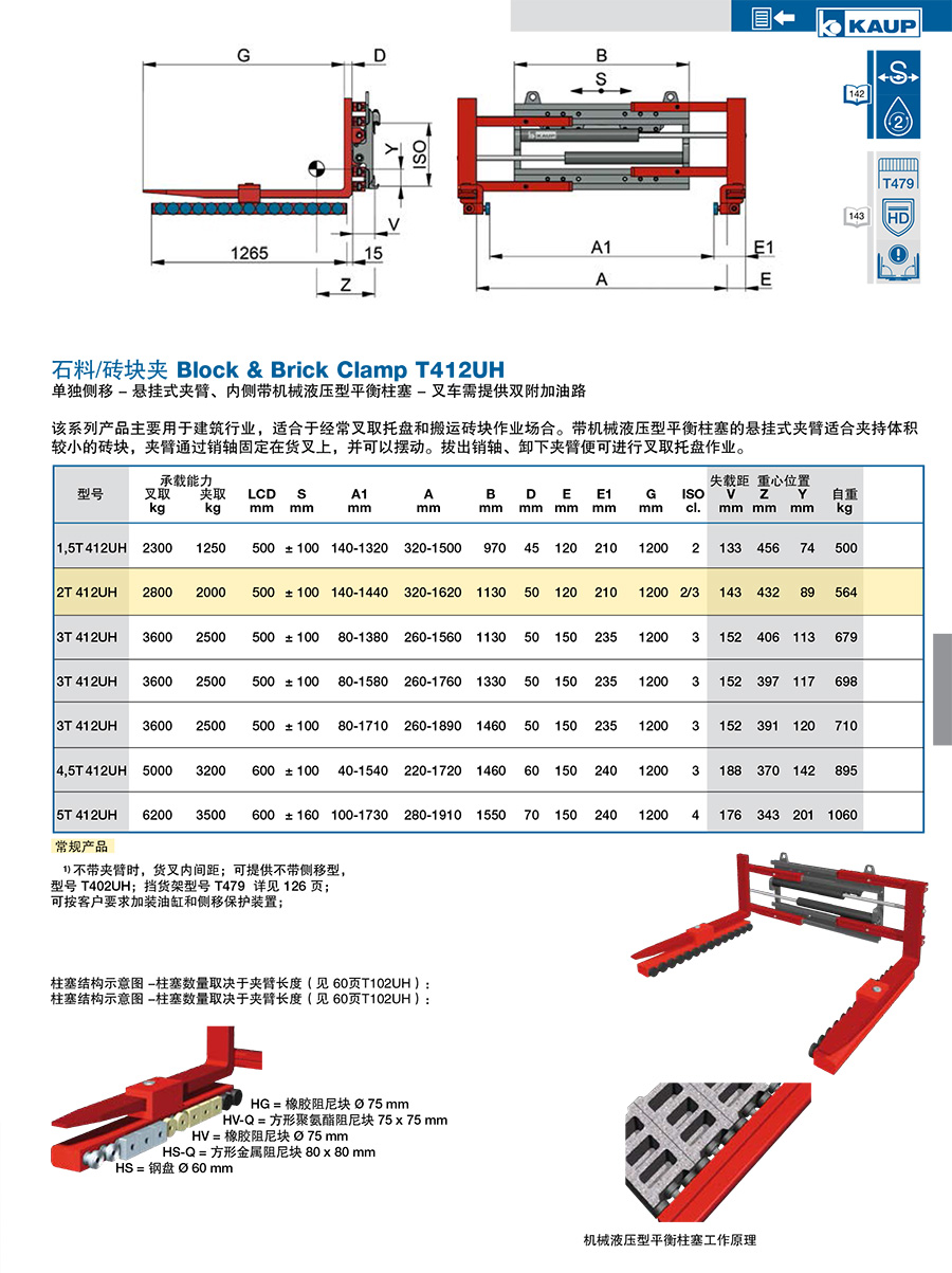 KAUP靠普牌石料/砖块夹 单独侧移 带套装式悬挂臂T412UH