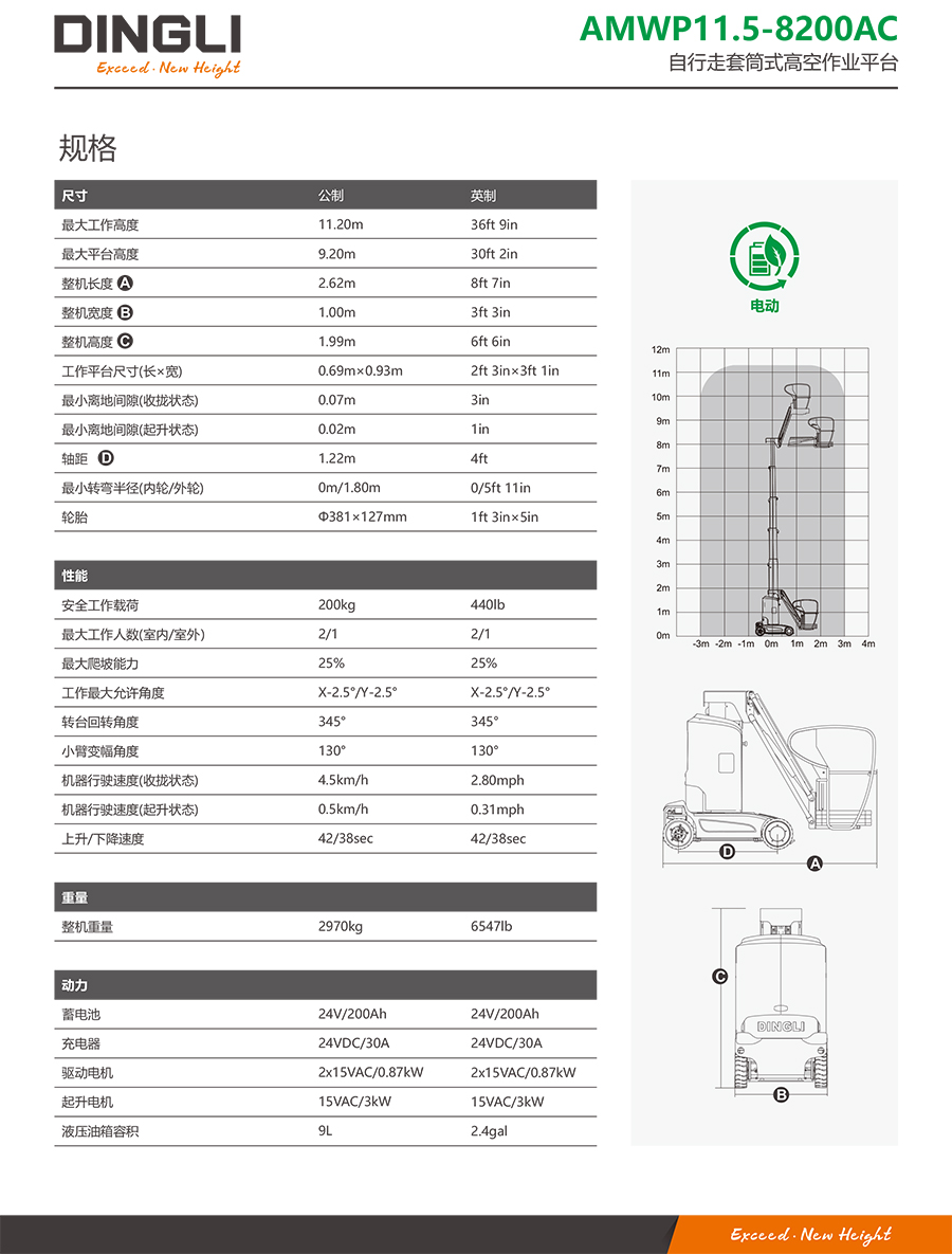 鼎力9.2米自行走套筒式高空作业平台AMWP11.5-8200AC