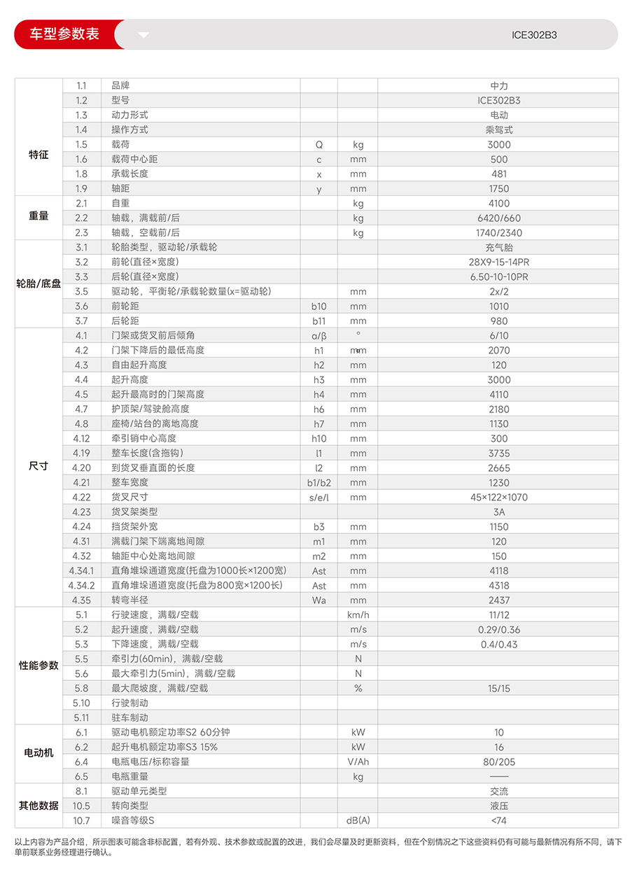 3吨中力牌锂电池叉车ICE302B3