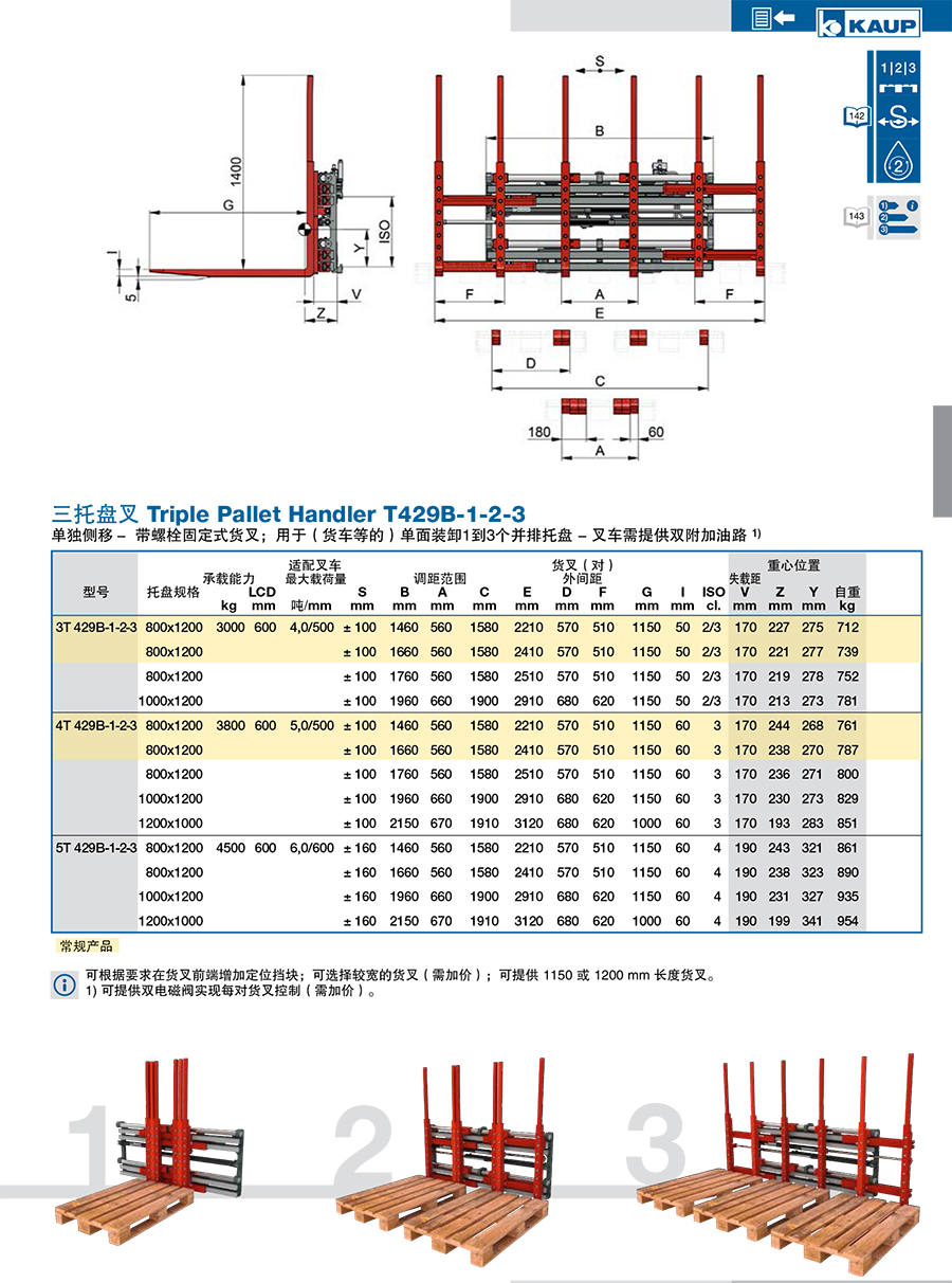 KAUP靠普牌三托盘叉 单独侧移T429B-1-2-3