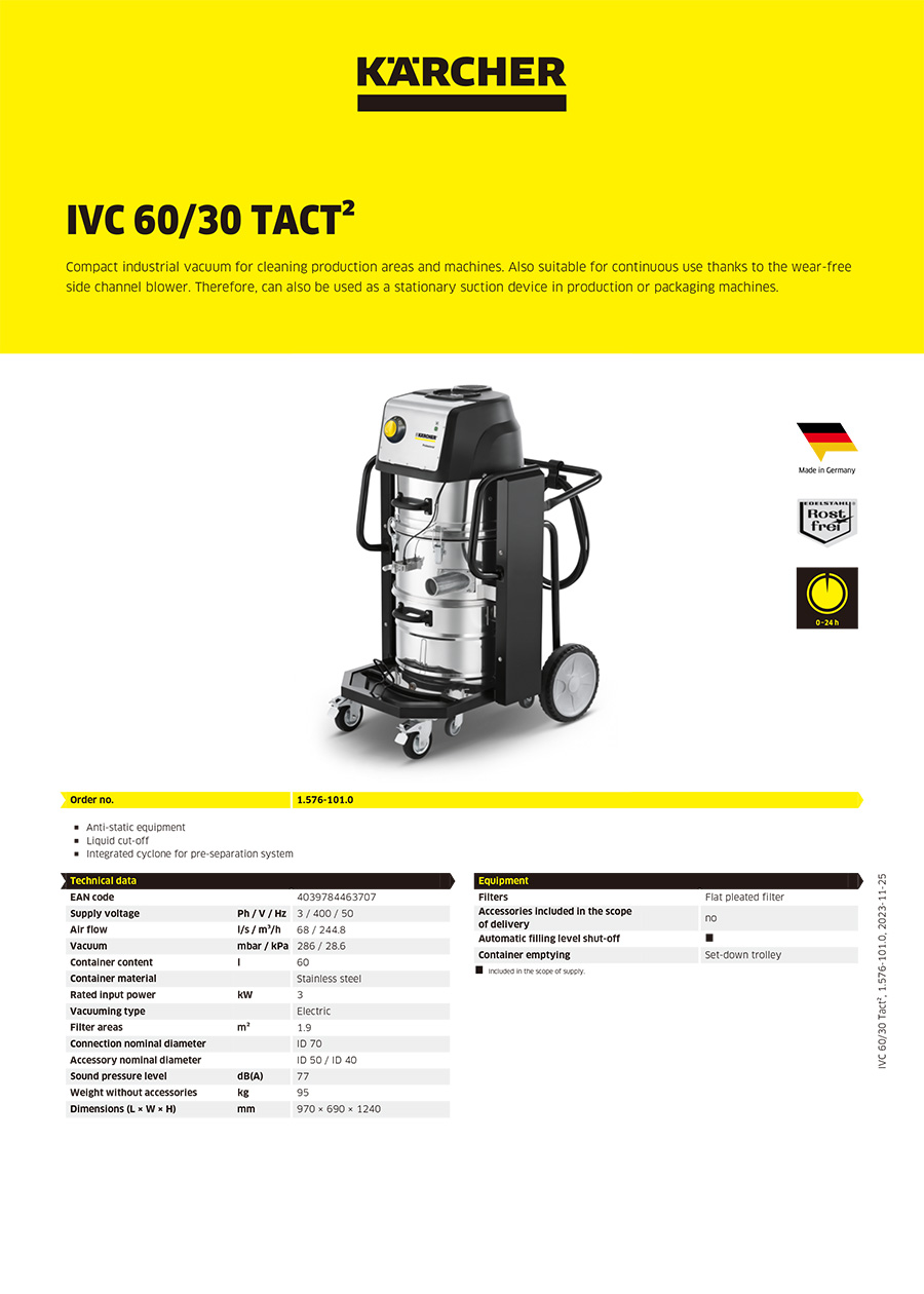 卡赫 紧凑型工业吸尘器IVC 60/30 Tact²